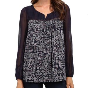 Lucky Brand Navy Sheer Yoke Boho Blouse • Small • Sheer Sleeves & Geo Panel